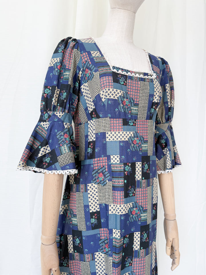 Stunning Patchwork Print 1970s Cotton Maxi Dress