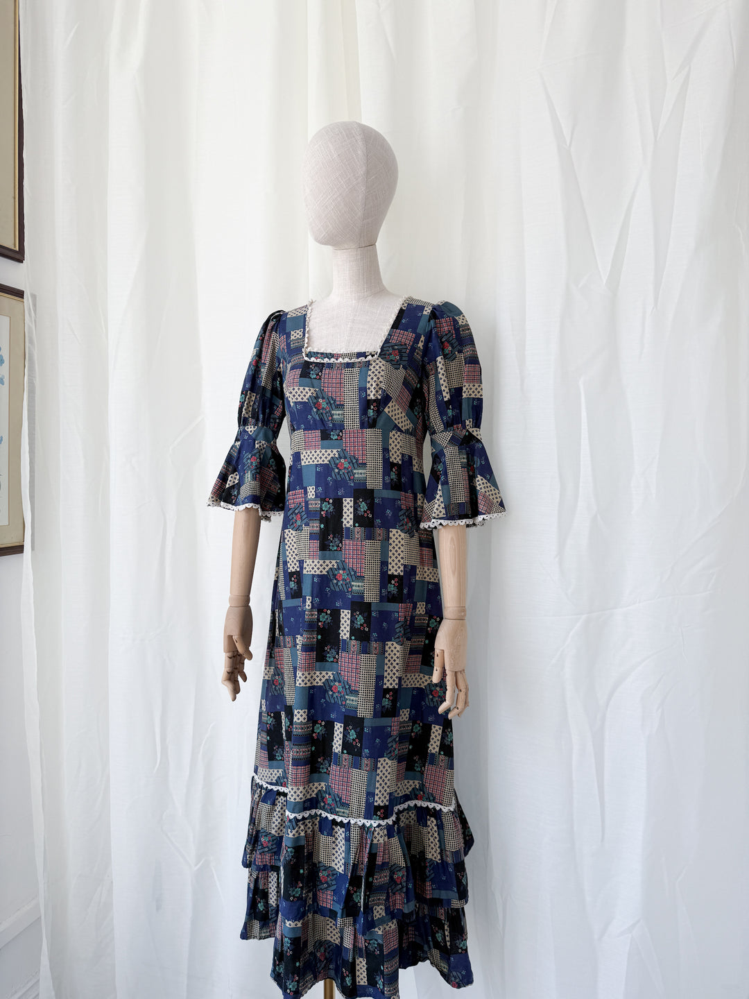Stunning Patchwork Print 1970s Cotton Maxi Dress