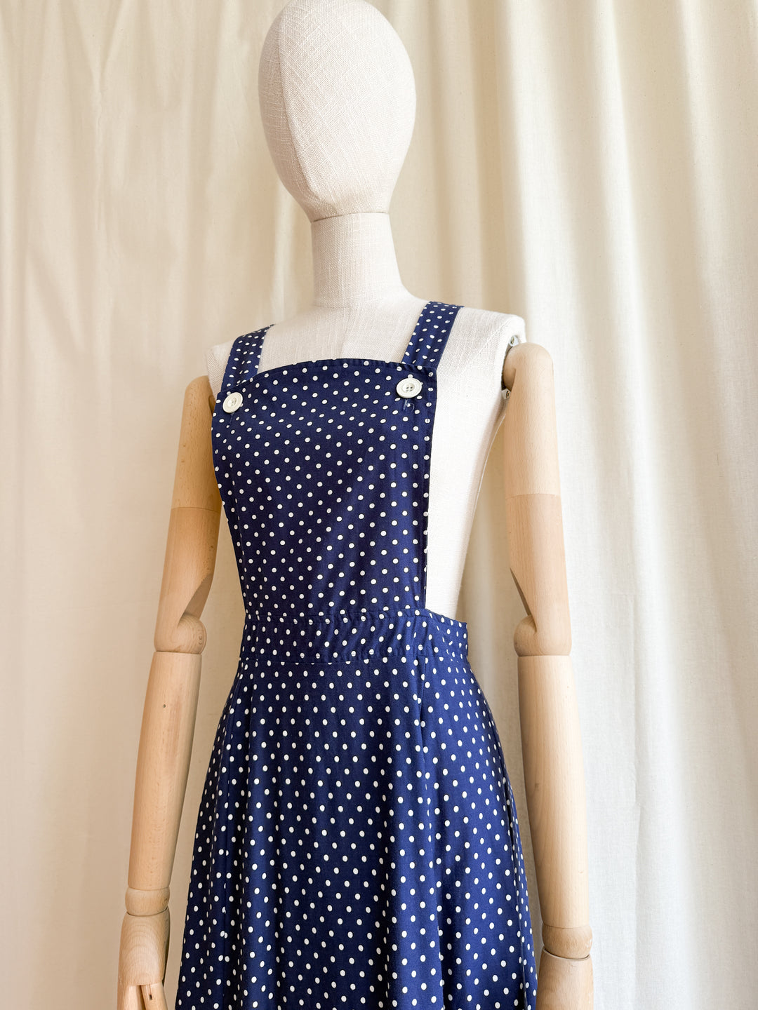Adorable 70s Polkadot Cotton Pinafore Maxi Dress
