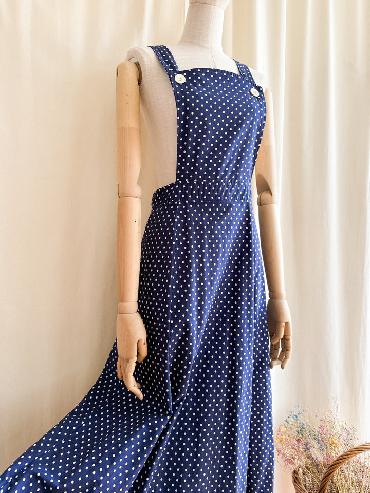 Adorable 70s Polkadot Cotton Pinafore Maxi Dress