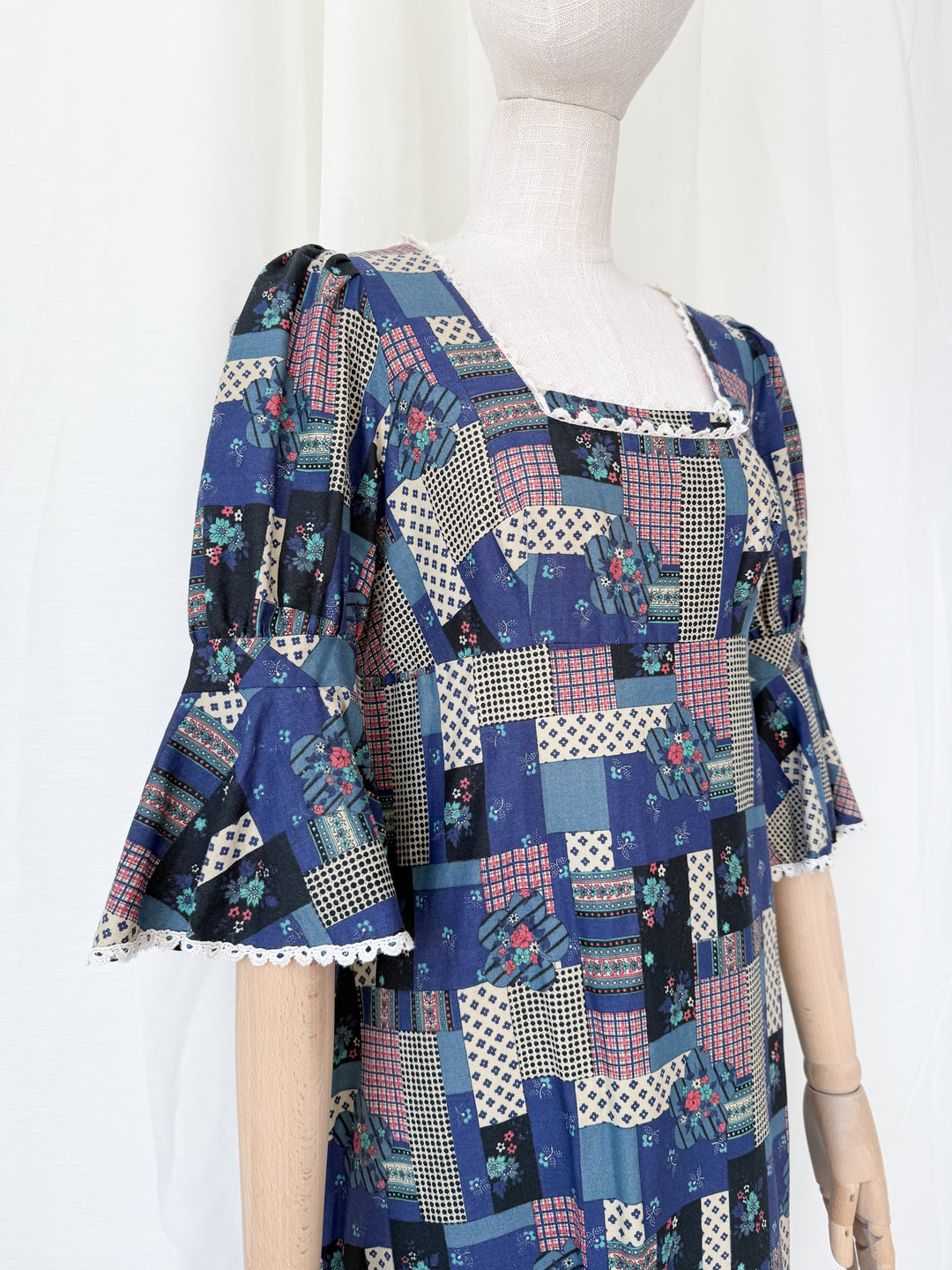 Stunning Patchwork Print 1970s Cotton Maxi Dress