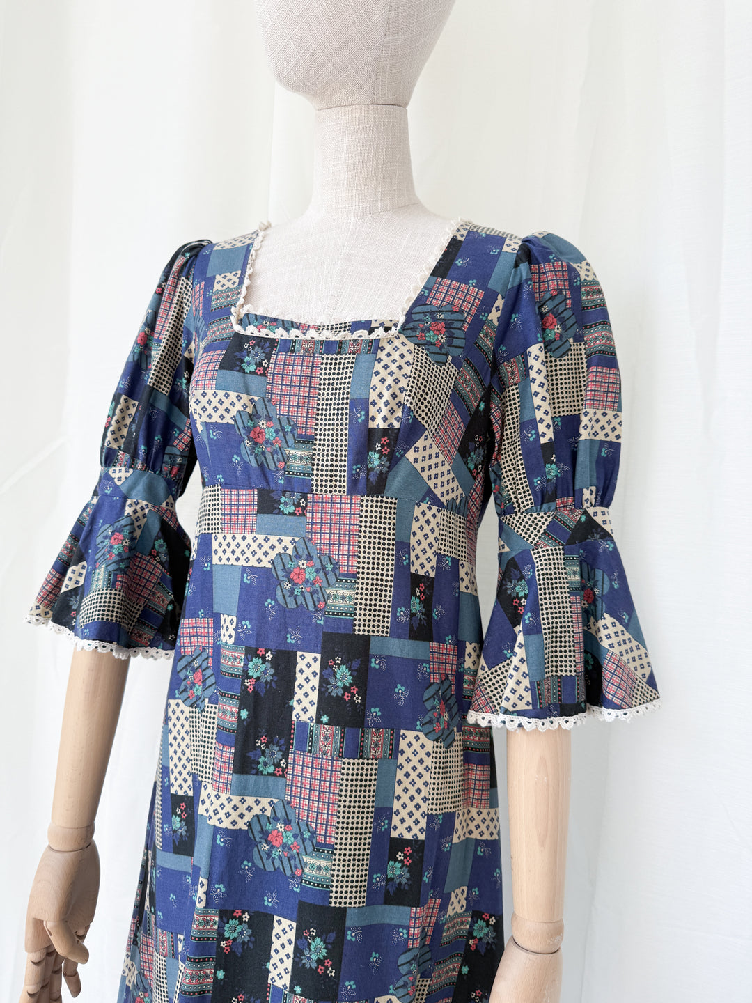 Stunning Patchwork Print 1970s Cotton Maxi Dress