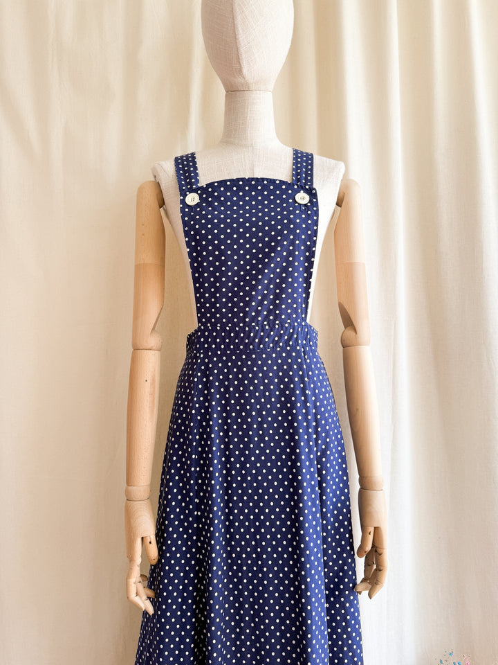 Adorable 70s Polkadot Cotton Pinafore Maxi Dress
