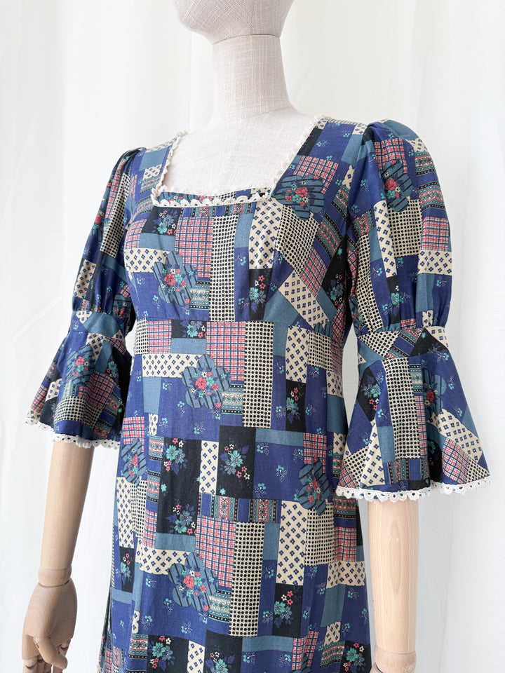 Stunning Patchwork Print 1970s Cotton Maxi Dress