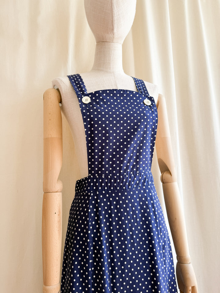 Adorable 70s Polkadot Cotton Pinafore Maxi Dress
