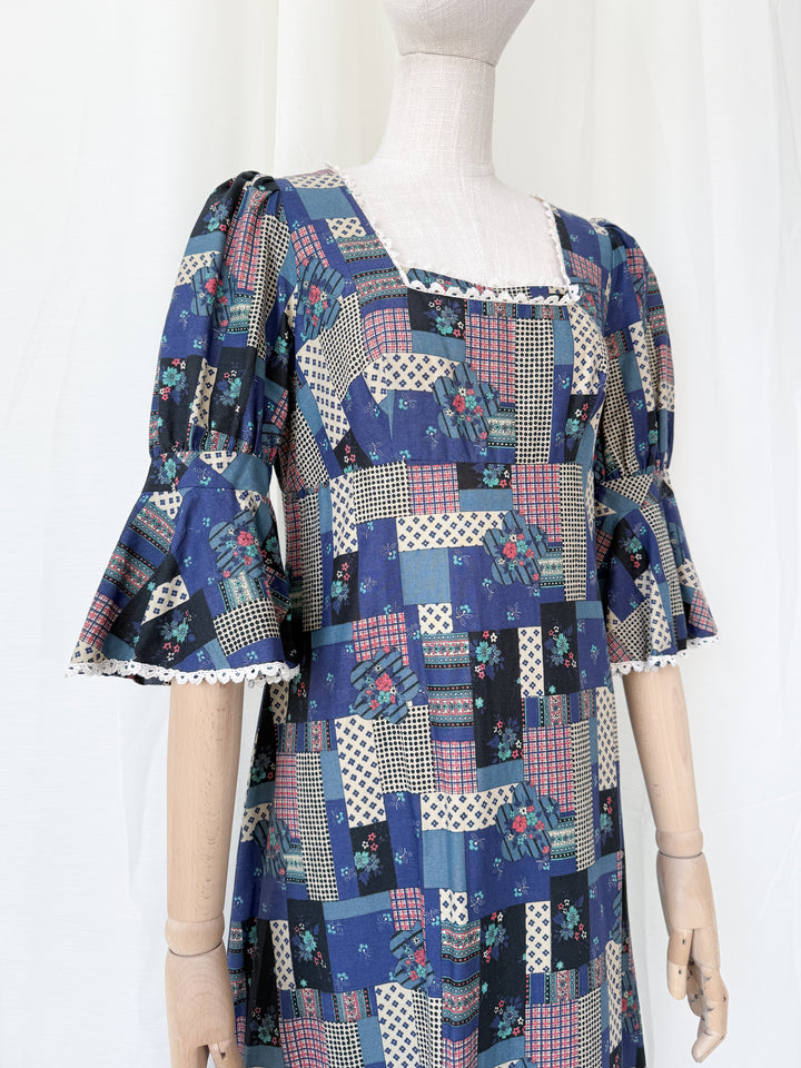 Stunning Patchwork Print 1970s Cotton Maxi Dress