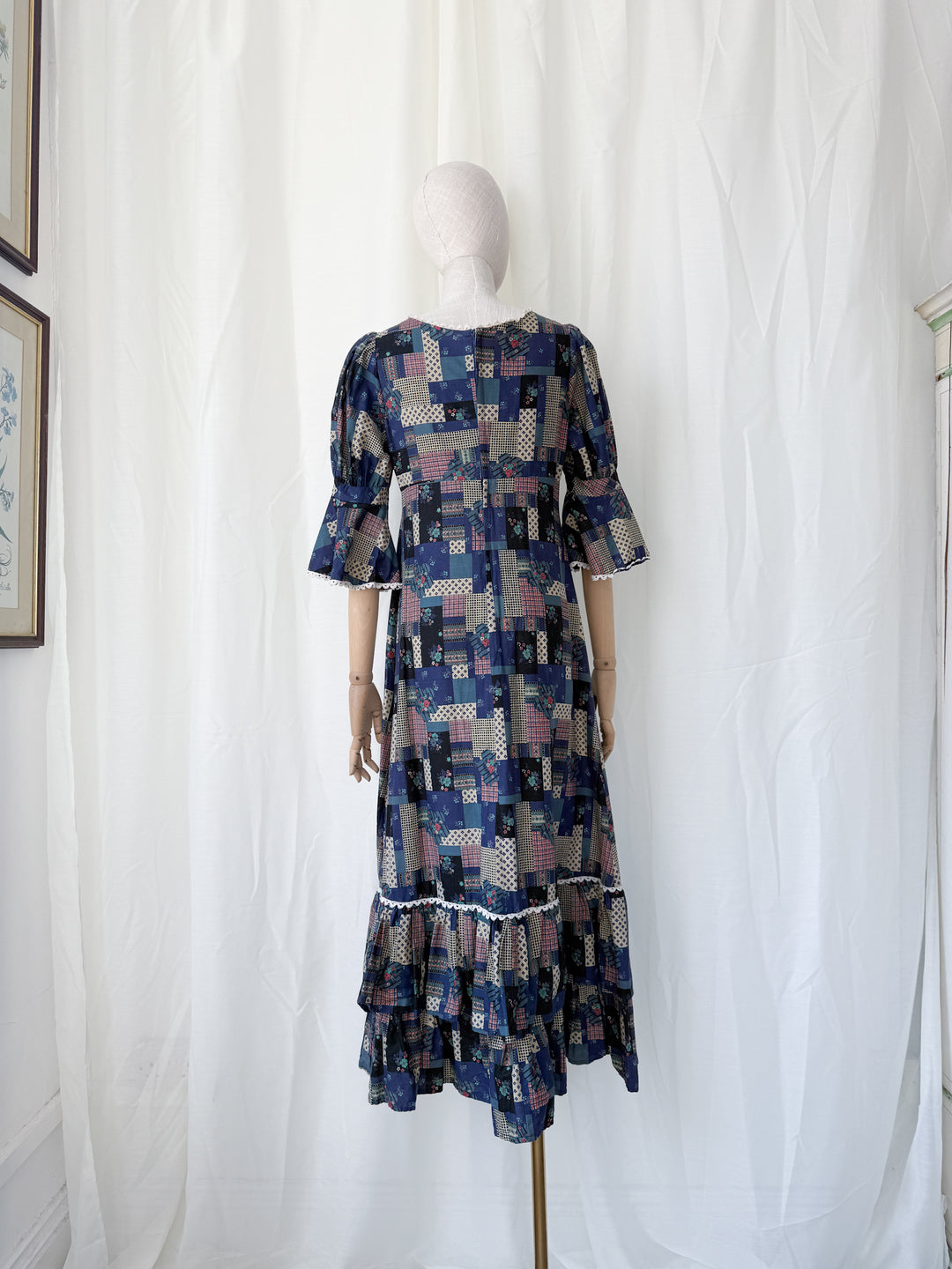 Stunning Patchwork Print 1970s Cotton Maxi Dress