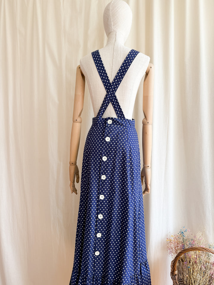 Adorable 70s Polkadot Cotton Pinafore Maxi Dress