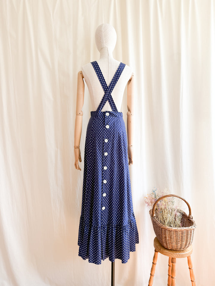 Adorable 70s Polkadot Cotton Pinafore Maxi Dress