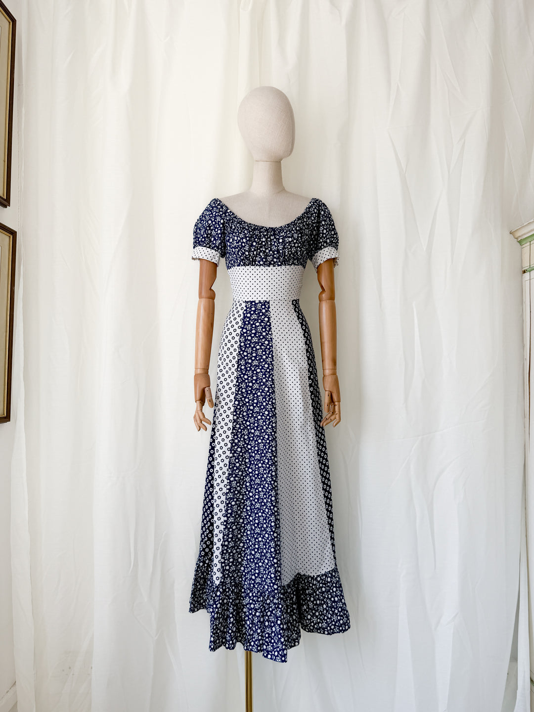 Gorgeous 1970s Mixed Prints Patchwork Puff Sleeve Cotton Maxi Dress