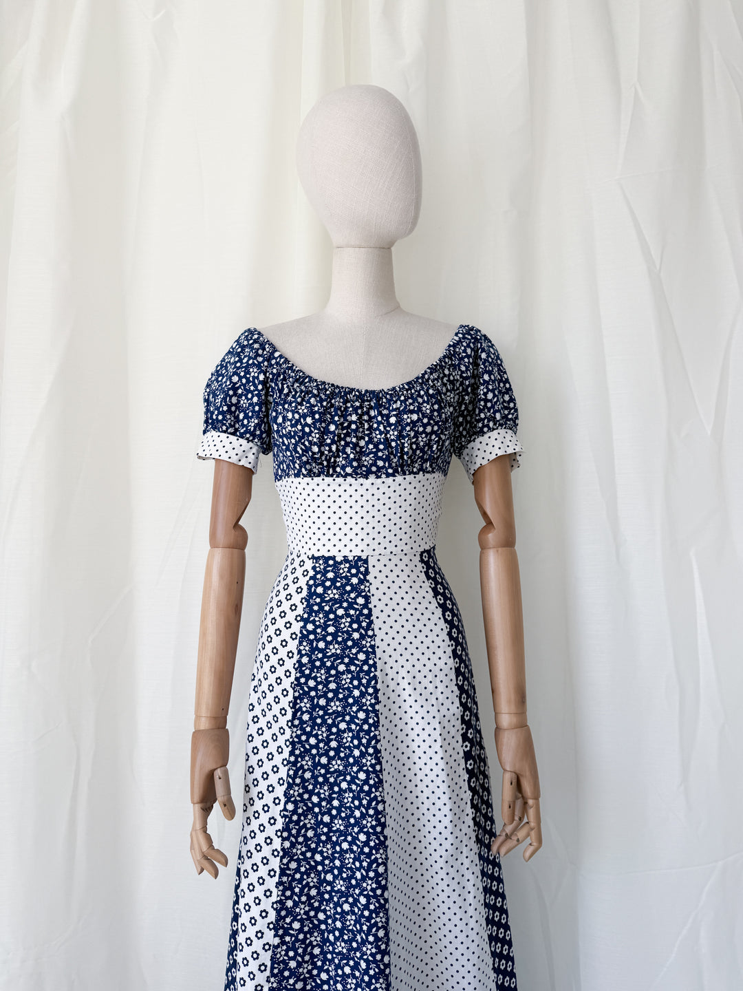 Gorgeous 1970s Mixed Prints Patchwork Puff Sleeve Cotton Maxi Dress