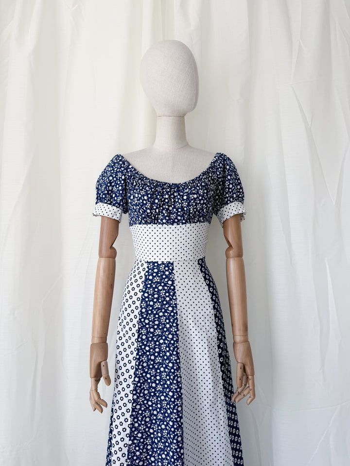 Gorgeous 1970s Mixed Prints Patchwork Puff Sleeve Cotton Maxi Dress