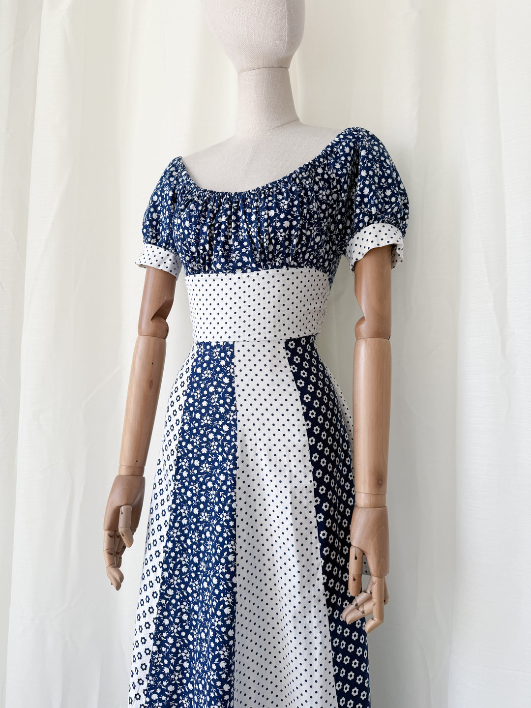 Gorgeous 1970s Mixed Prints Patchwork Puff Sleeve Cotton Maxi Dress