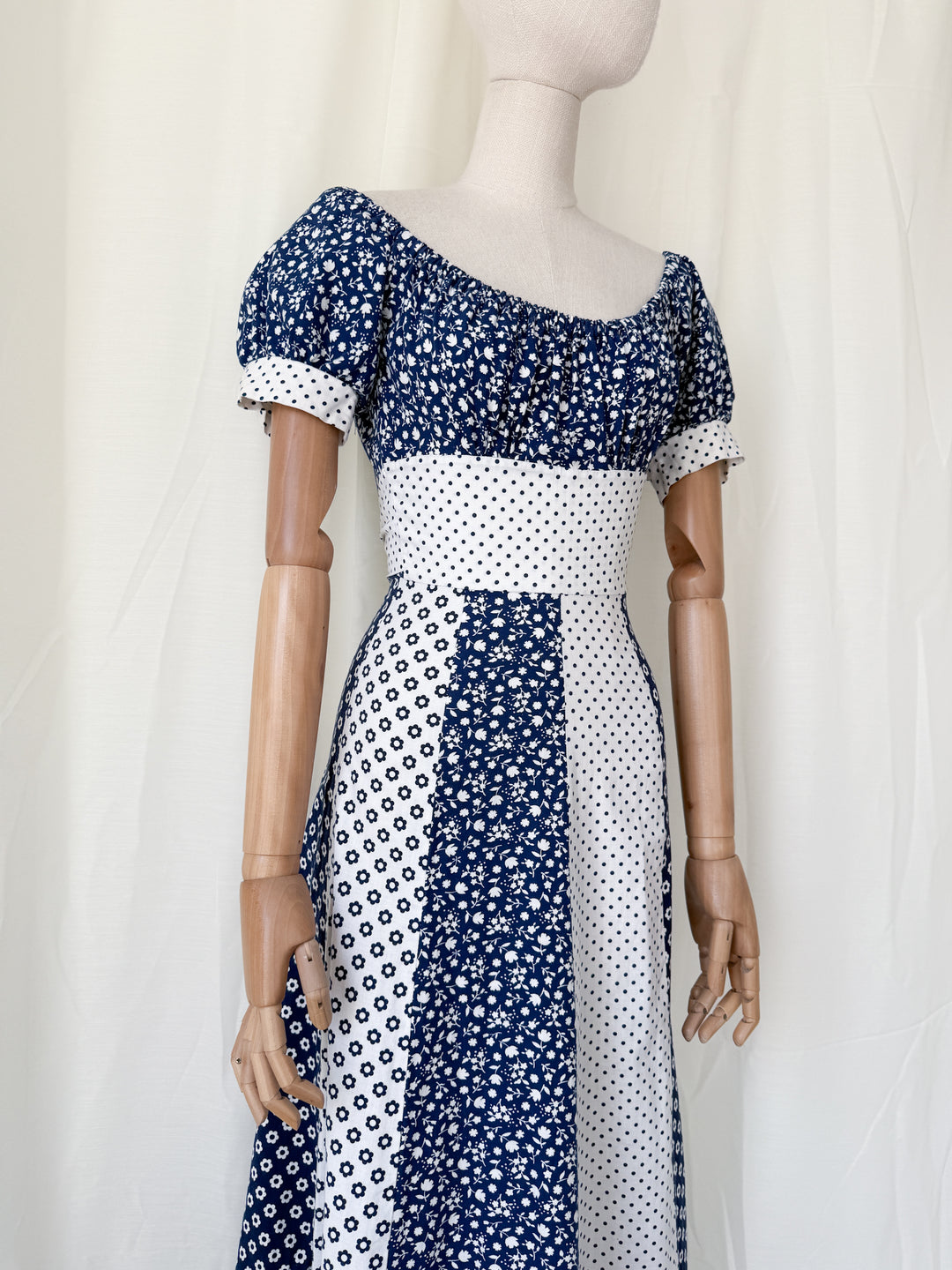 Gorgeous 1970s Mixed Prints Patchwork Puff Sleeve Cotton Maxi Dress