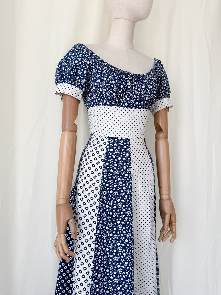 Gorgeous 1970s Mixed Prints Patchwork Puff Sleeve Cotton Maxi Dress
