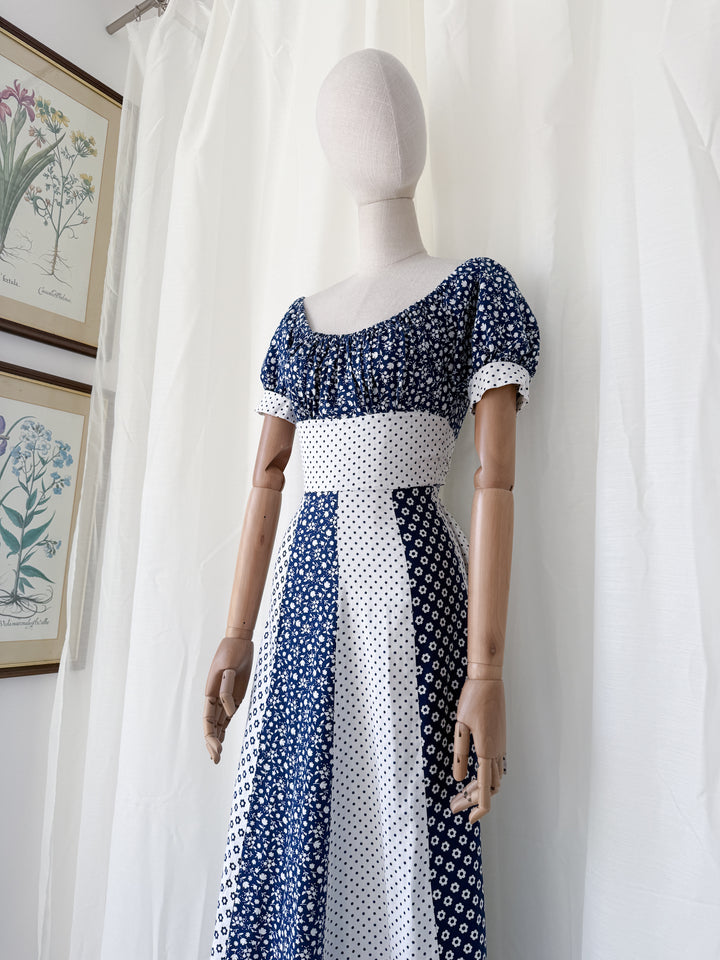 Gorgeous 1970s Mixed Prints Patchwork Puff Sleeve Cotton Maxi Dress