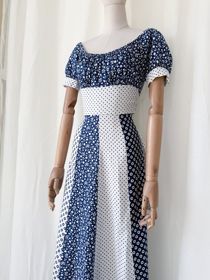 Gorgeous 1970s Mixed Prints Patchwork Puff Sleeve Cotton Maxi Dress