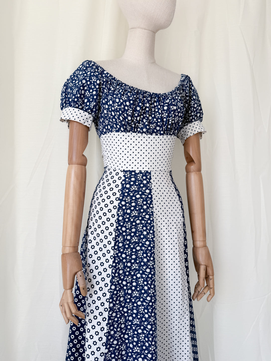 Gorgeous 1970s Mixed Prints Patchwork Puff Sleeve Cotton Maxi Dress