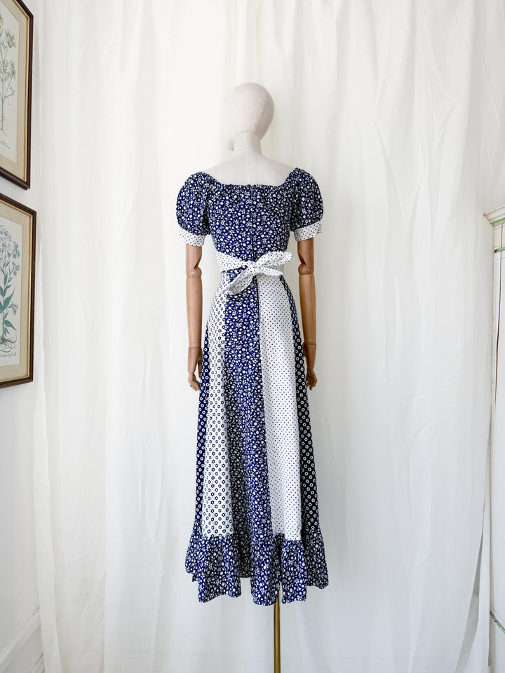 Gorgeous 1970s Mixed Prints Patchwork Puff Sleeve Cotton Maxi Dress