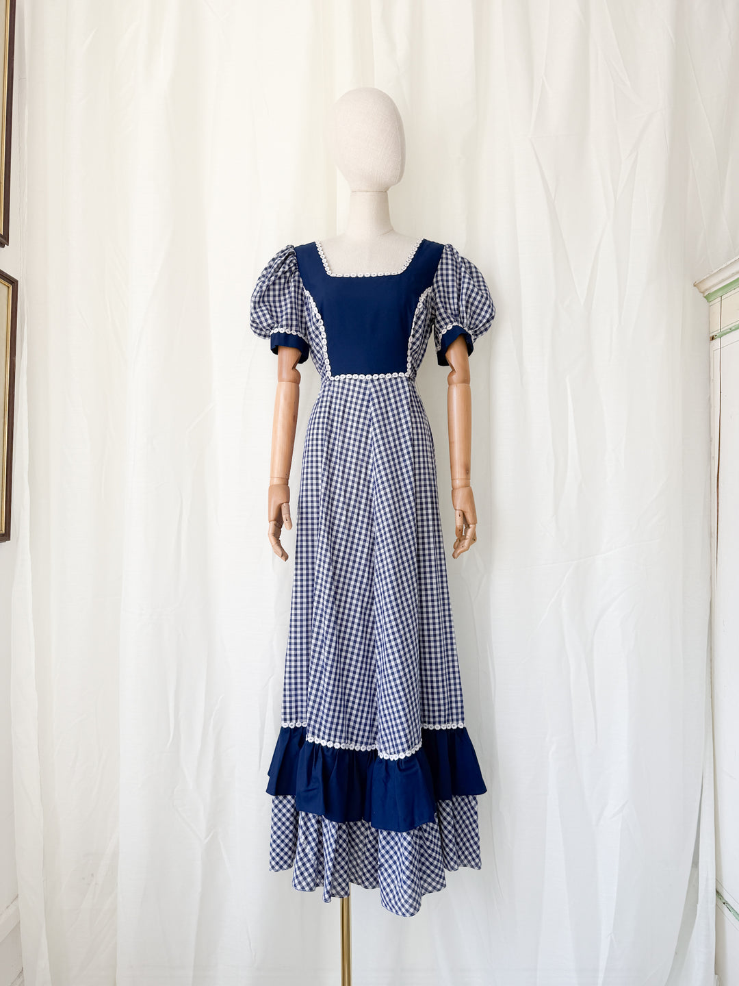 Insane 1970s Navy Gingham Americana Cotton Maxi Dress by California