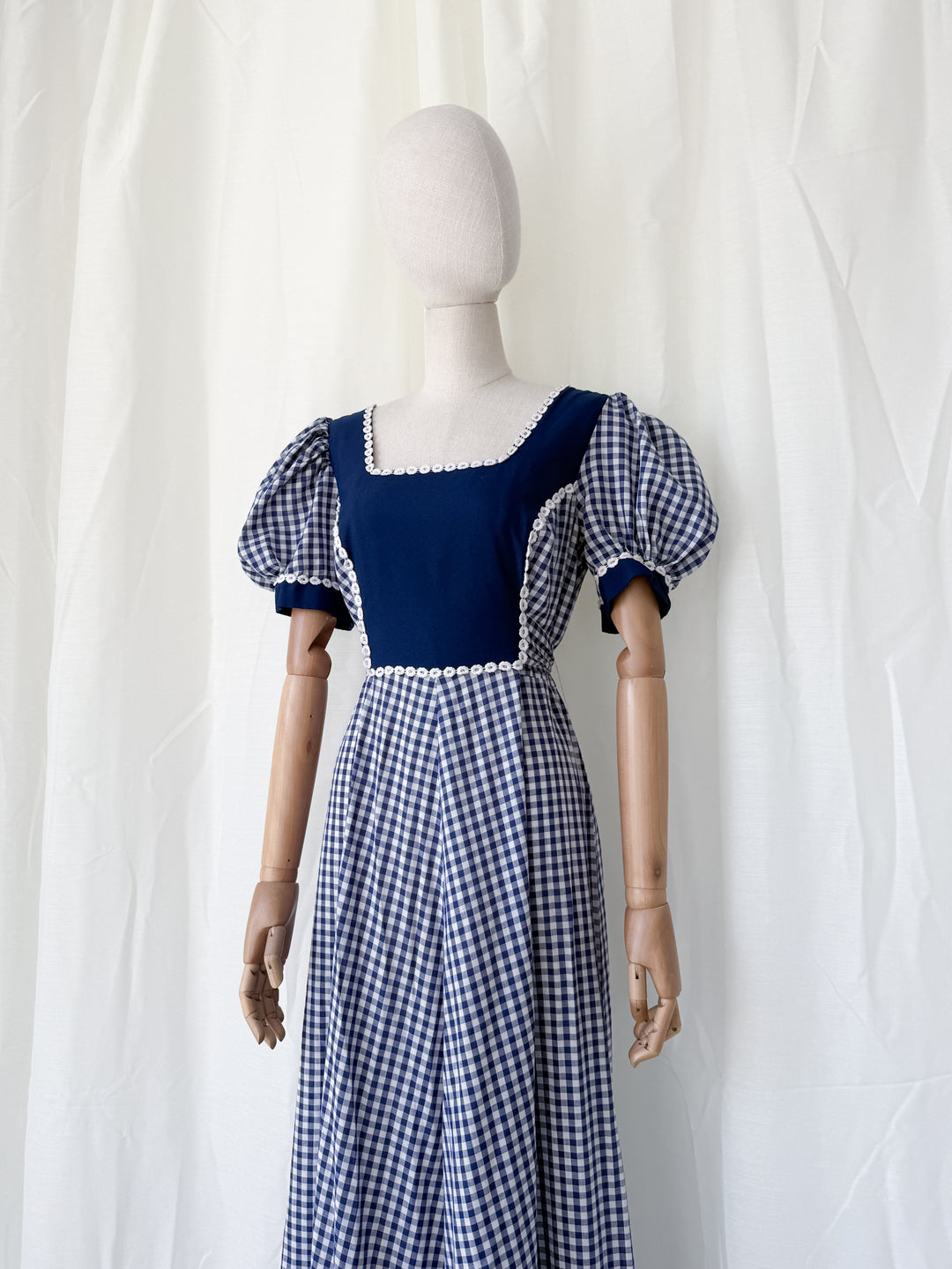 Insane 1970s Navy Gingham Americana Cotton Maxi Dress by California