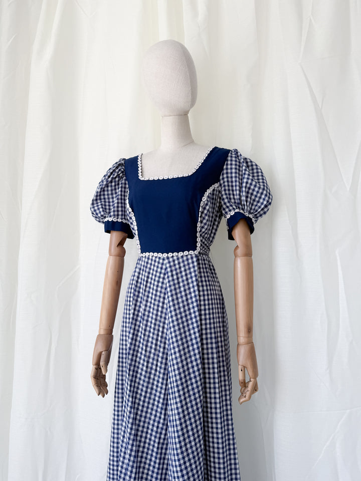 Insane 1970s Navy Gingham Americana Cotton Maxi Dress by California