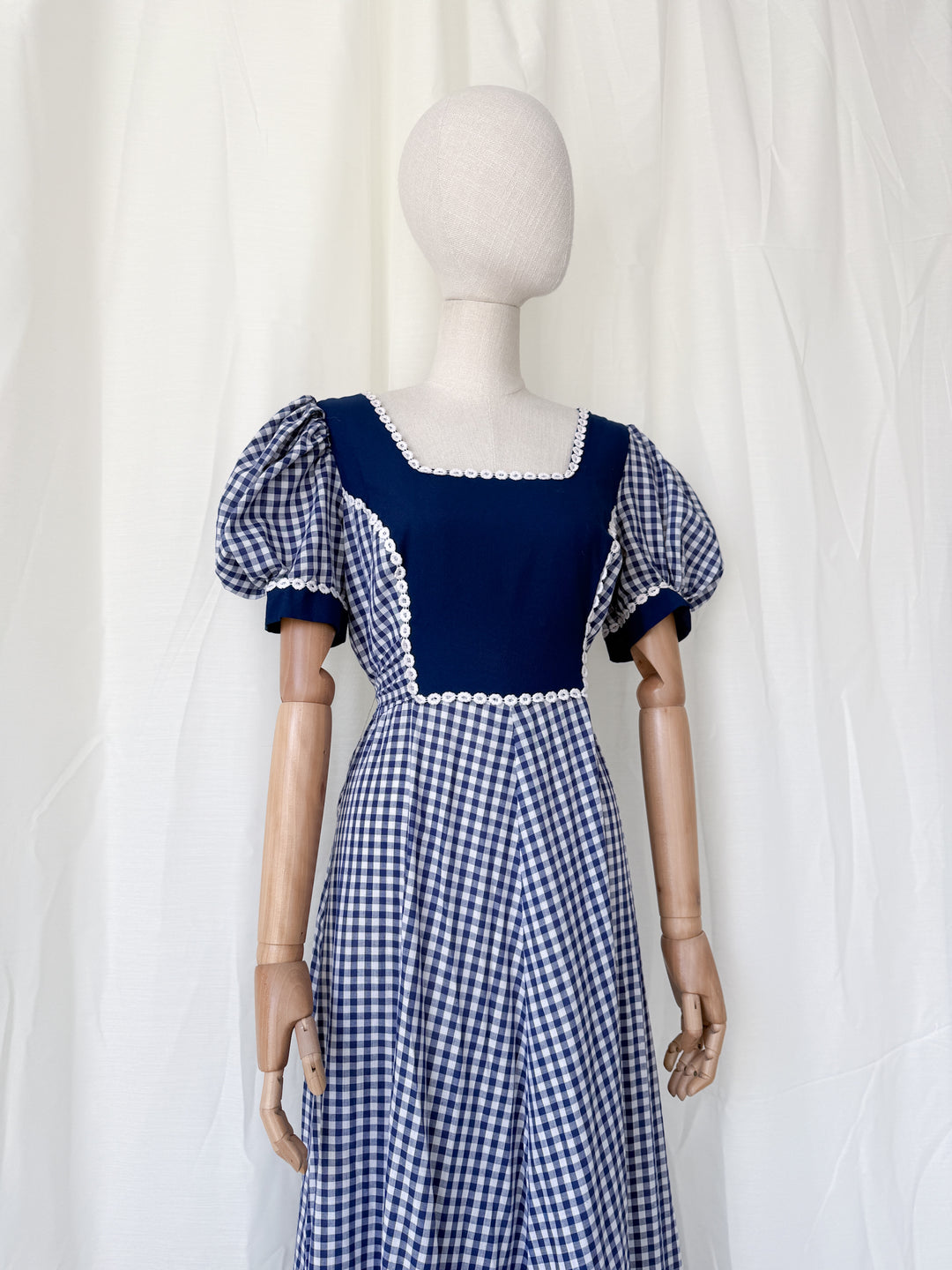 Insane 1970s Navy Gingham Americana Cotton Maxi Dress by California