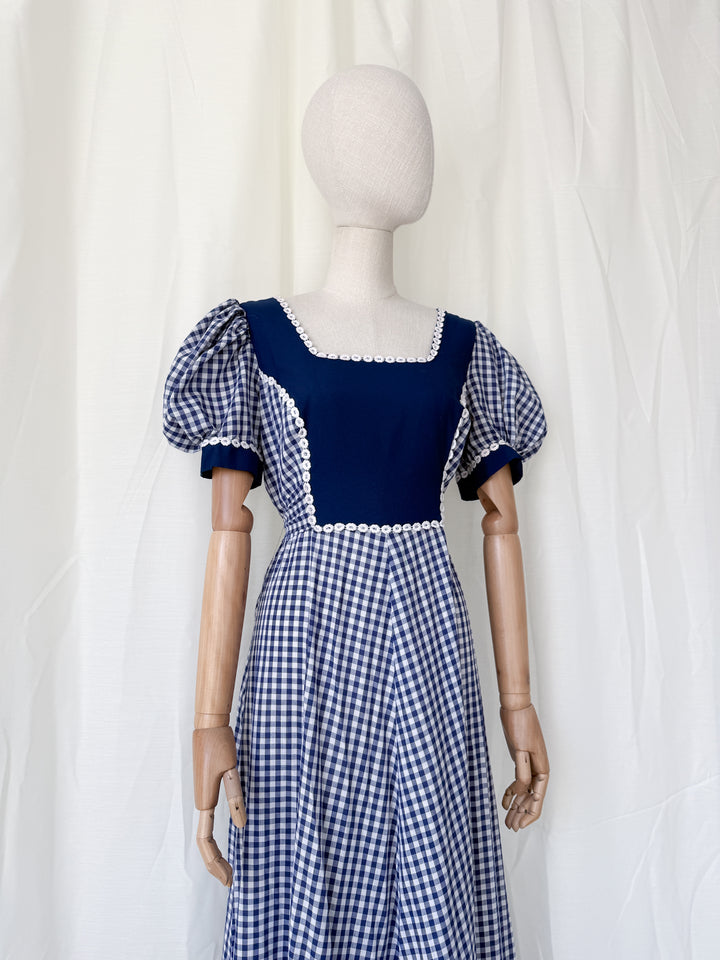Insane 1970s Navy Gingham Americana Cotton Maxi Dress by California