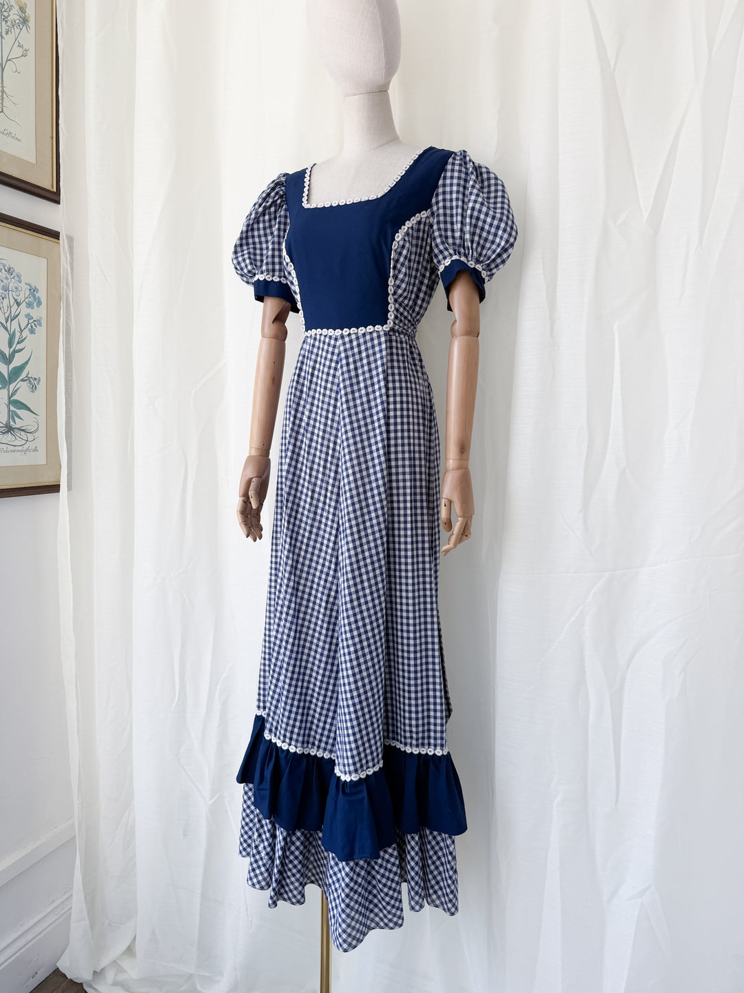 Insane 1970s Navy Gingham Americana Cotton Maxi Dress by California