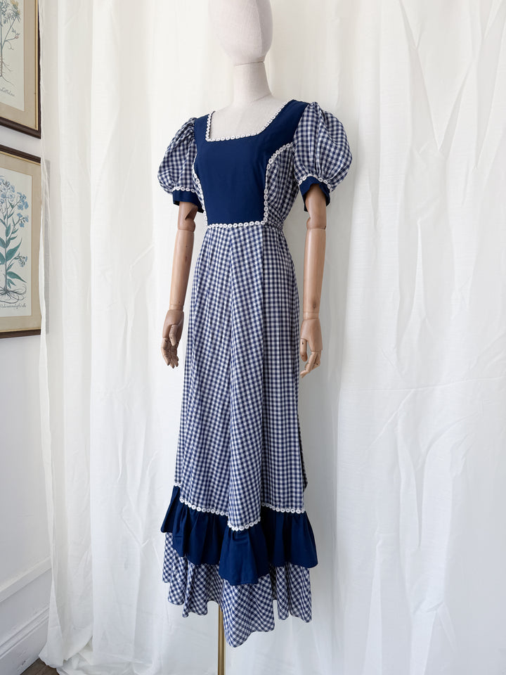 Insane 1970s Navy Gingham Americana Cotton Maxi Dress by California