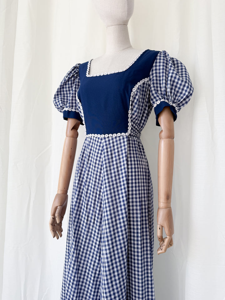 Insane 1970s Navy Gingham Americana Cotton Maxi Dress by California