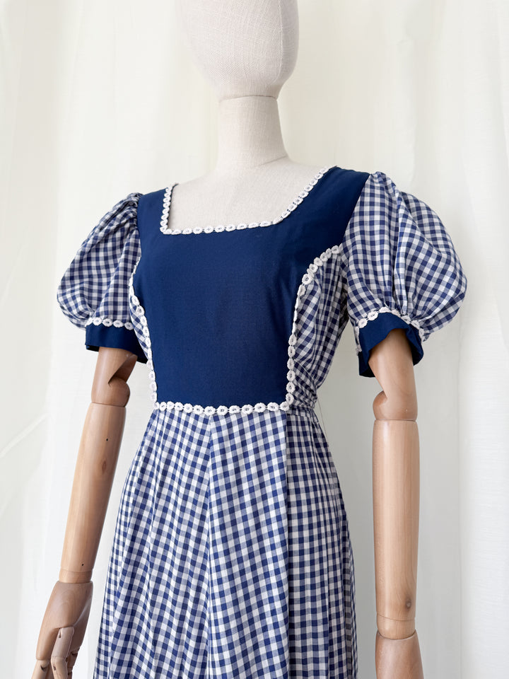Insane 1970s Navy Gingham Americana Cotton Maxi Dress by California