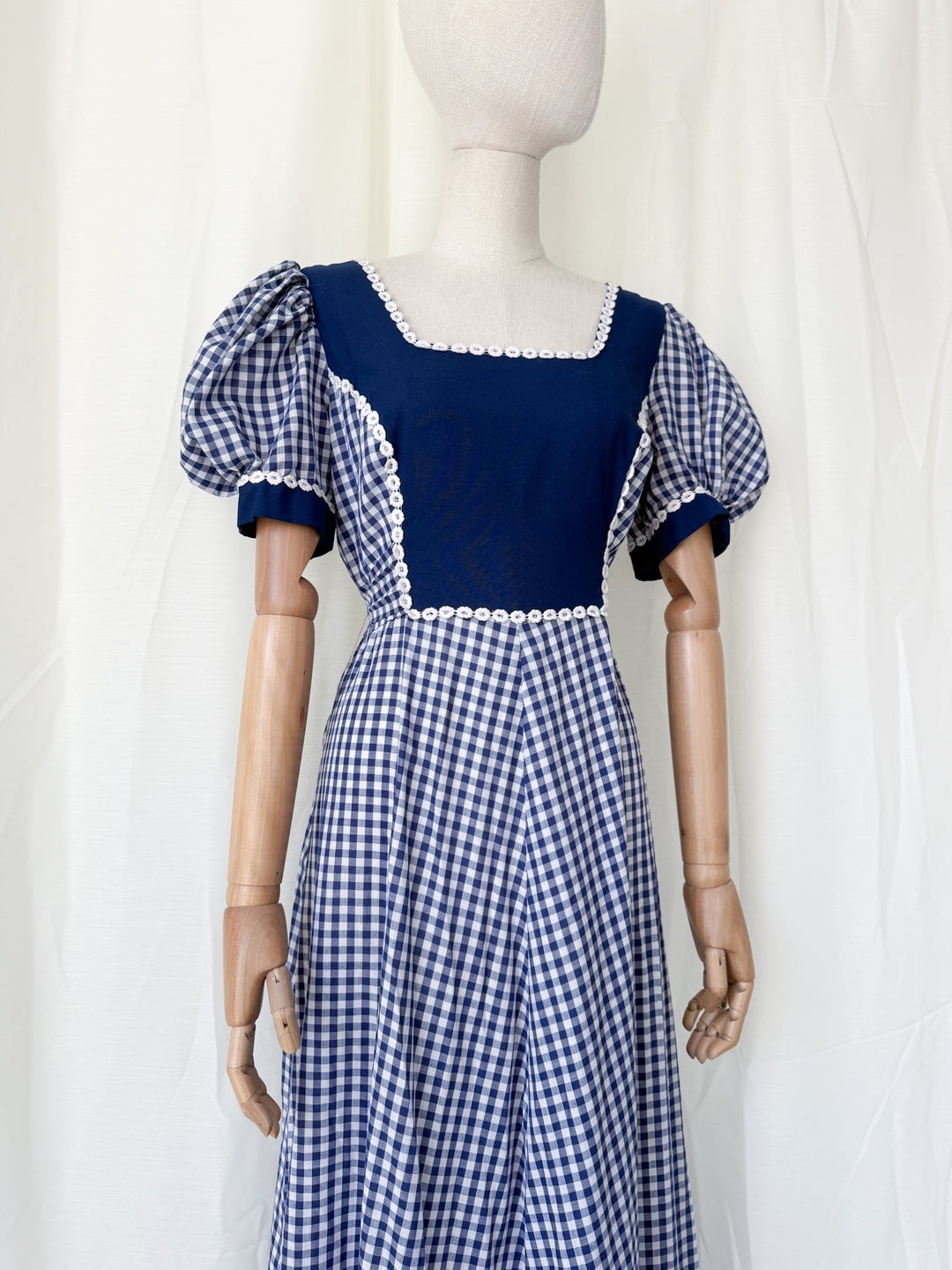Insane 1970s Navy Gingham Americana Cotton Maxi Dress by California
