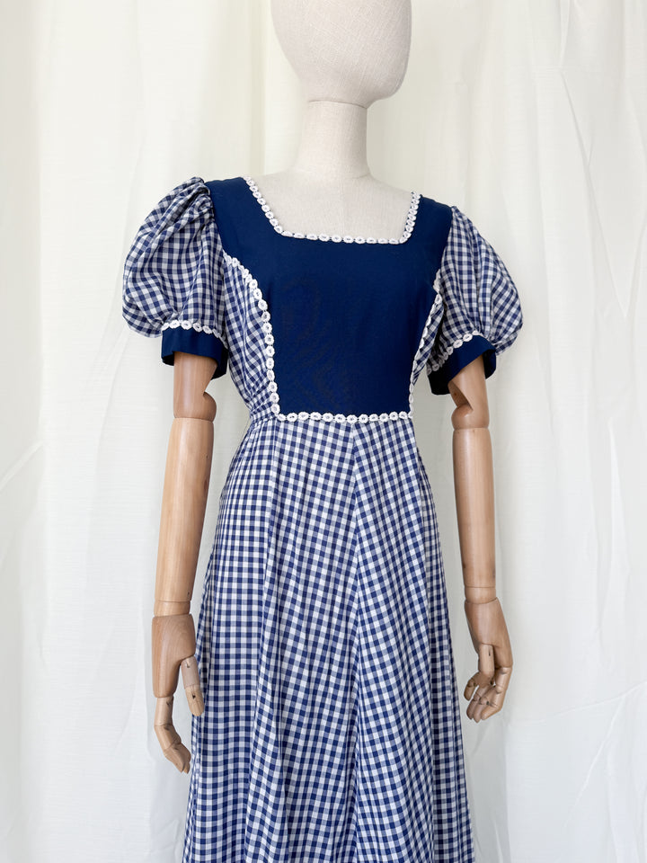 Insane 1970s Navy Gingham Americana Cotton Maxi Dress by California