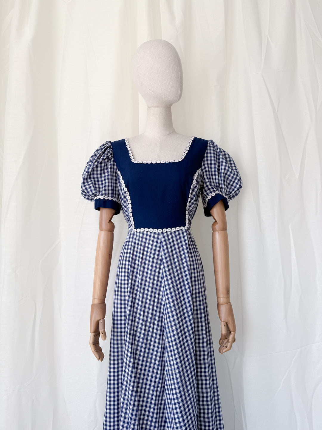 Insane 1970s Navy Gingham Americana Cotton Maxi Dress by California