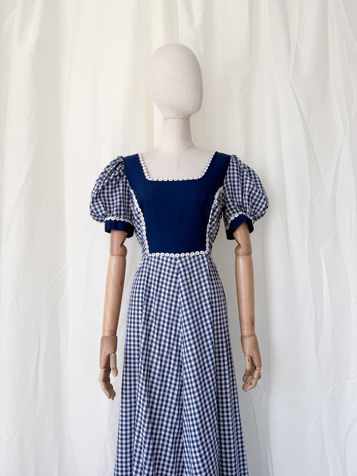 Insane 1970s Navy Gingham Americana Cotton Maxi Dress by California