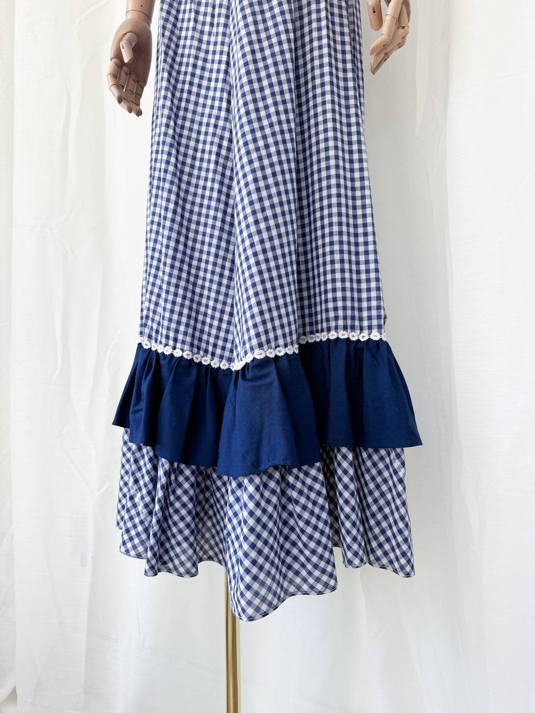 Insane 1970s Navy Gingham Americana Cotton Maxi Dress by California