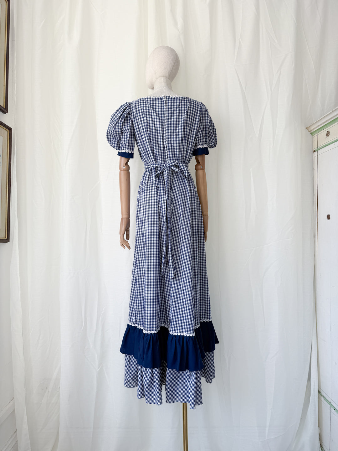 Insane 1970s Navy Gingham Americana Cotton Maxi Dress by California