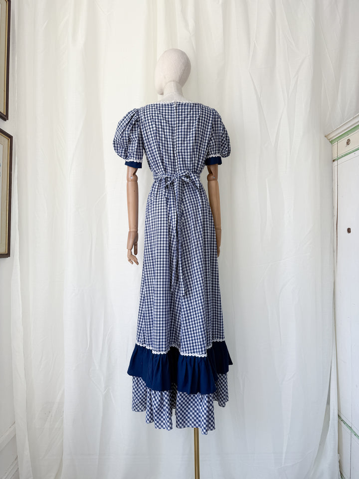 Insane 1970s Navy Gingham Americana Cotton Maxi Dress by California