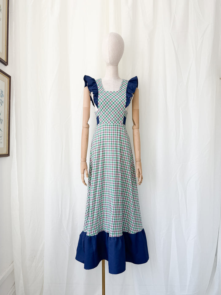 Gorgeous 1970s Cotton Plaid Pinafore Maxi Dress