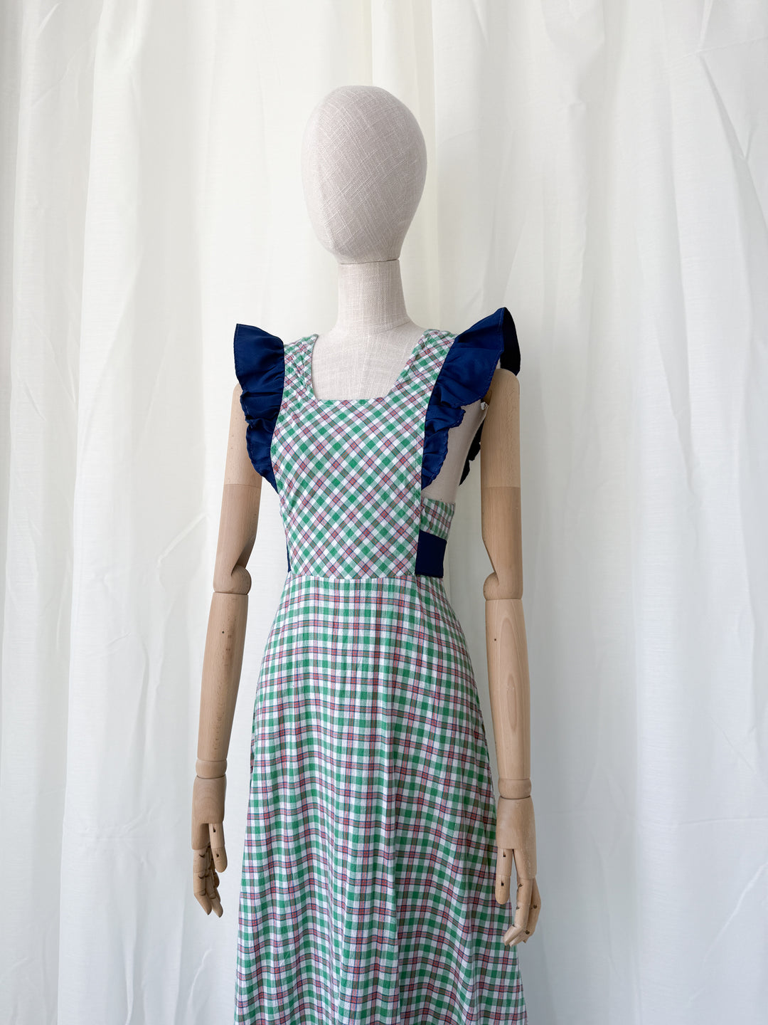 Gorgeous 1970s Cotton Plaid Pinafore Maxi Dress