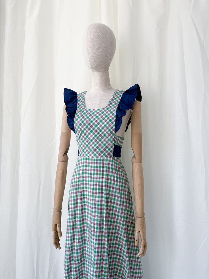 Gorgeous 1970s Cotton Plaid Pinafore Maxi Dress