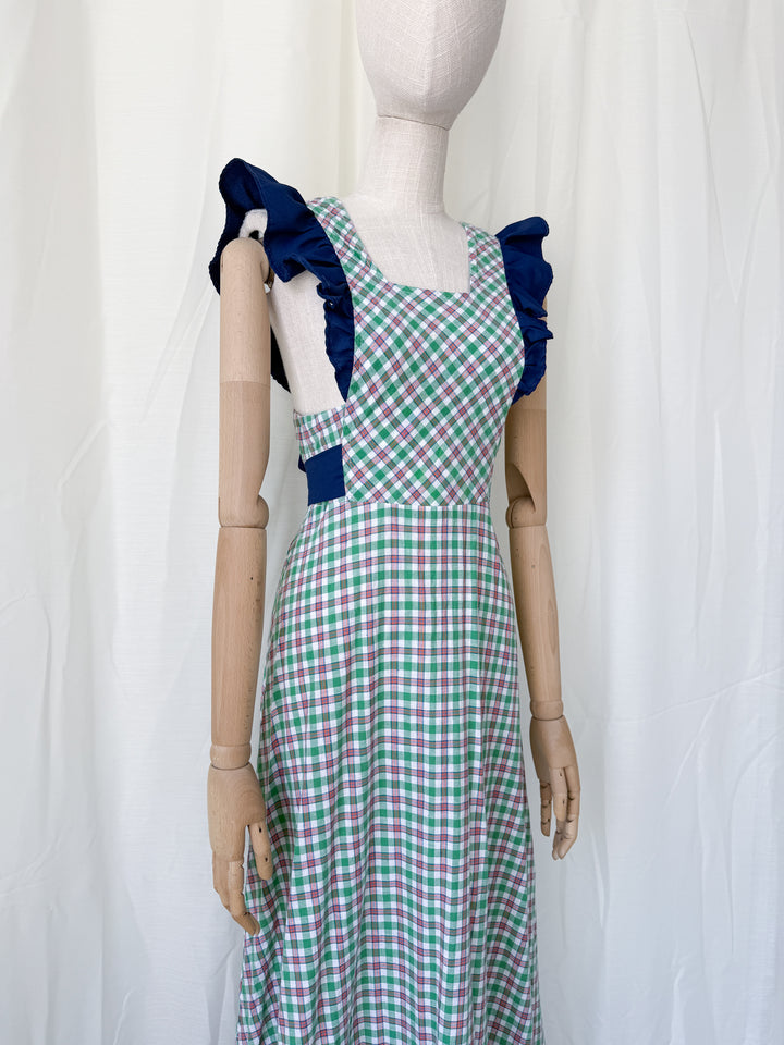 Gorgeous 1970s Cotton Plaid Pinafore Maxi Dress