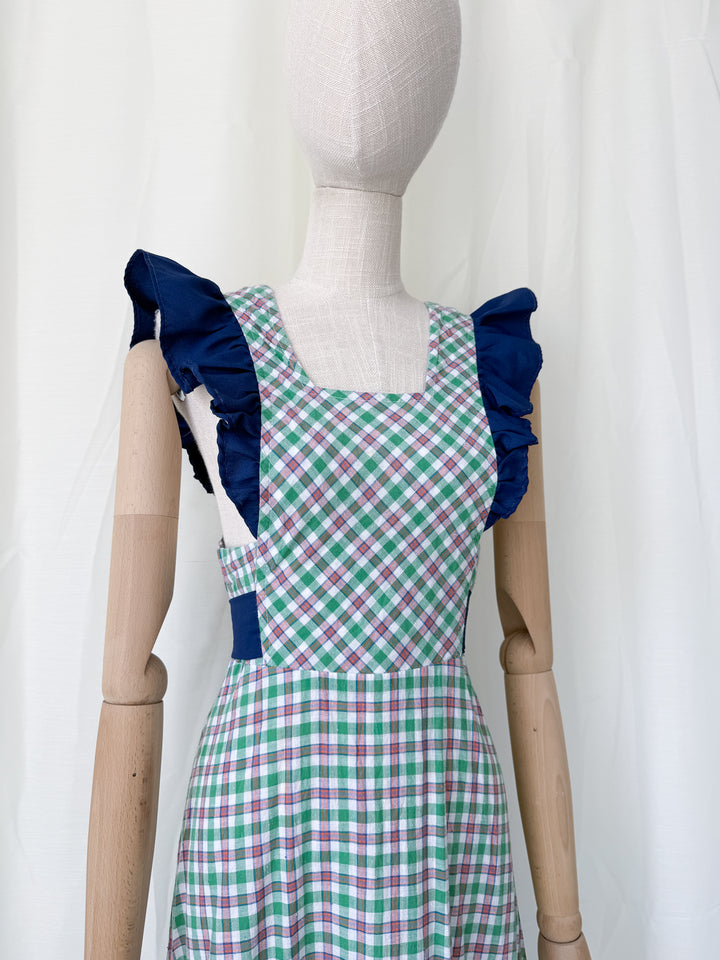 Gorgeous 1970s Cotton Plaid Pinafore Maxi Dress