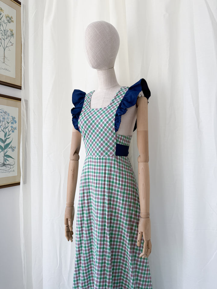 Gorgeous 1970s Cotton Plaid Pinafore Maxi Dress