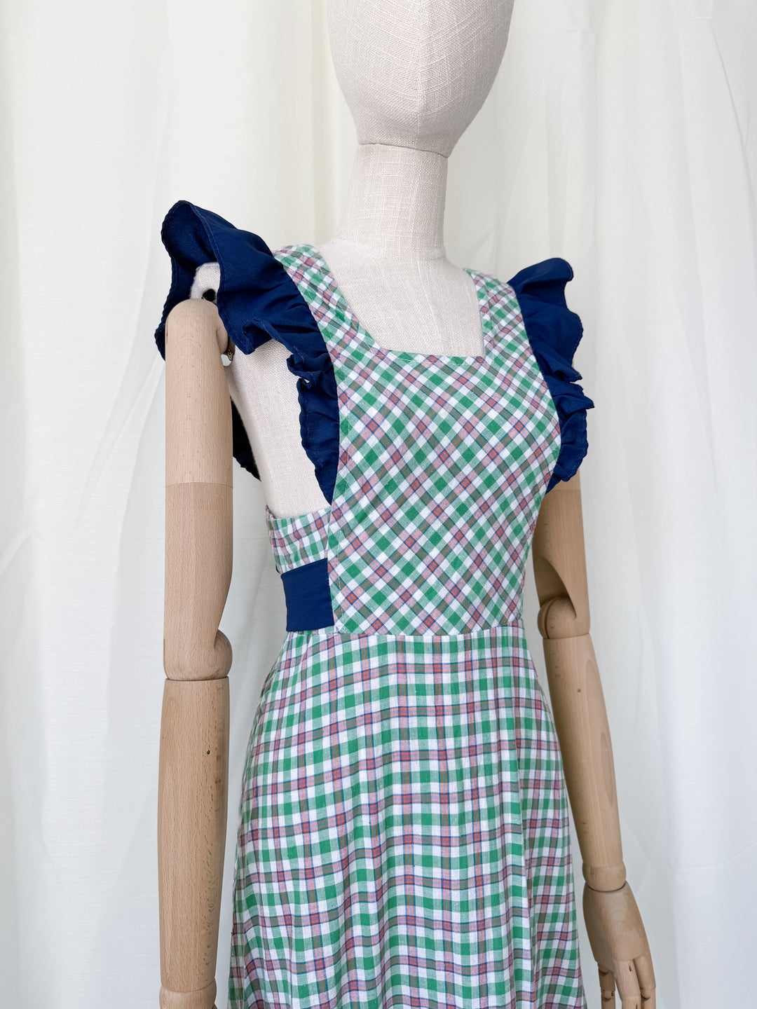 Gorgeous 1970s Cotton Plaid Pinafore Maxi Dress