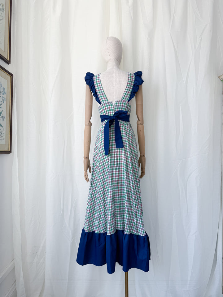Gorgeous 1970s Cotton Plaid Pinafore Maxi Dress