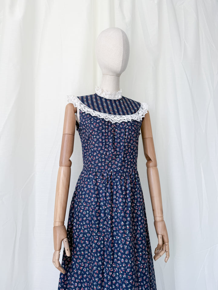 Beaut 1970s Lace Trimmed Floral Cotton Maxi Dress