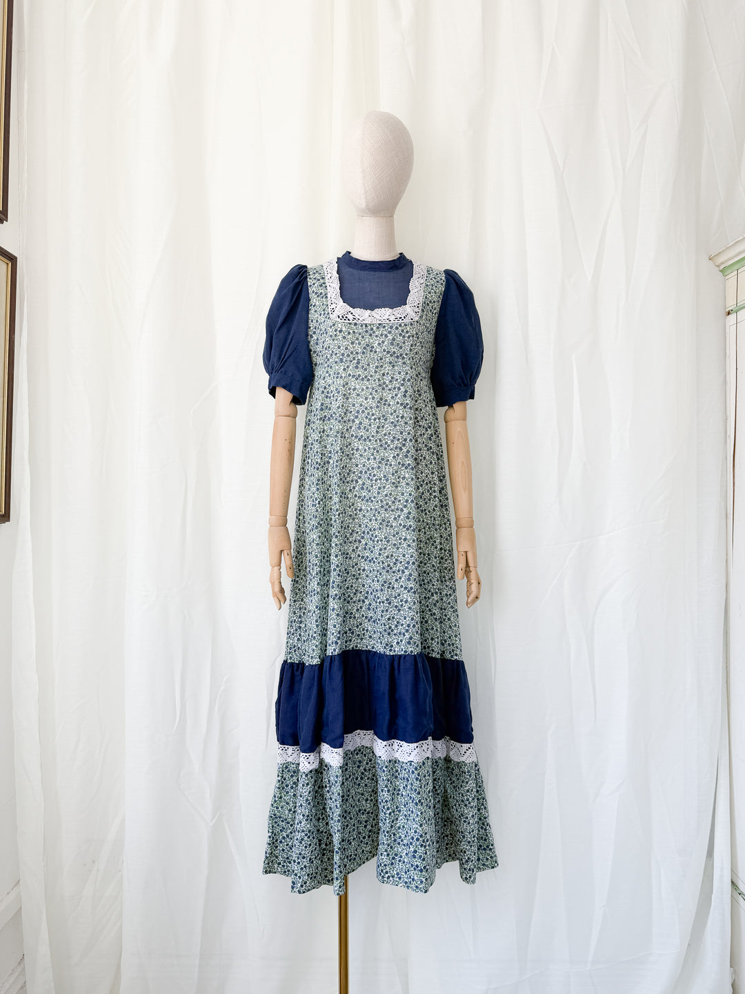 Adorable 1970s Lace Trimmed Cotton maxi Dress