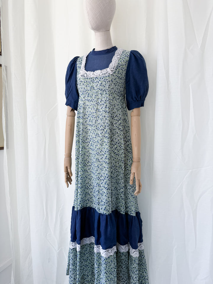 Adorable 1970s Lace Trimmed Cotton maxi Dress